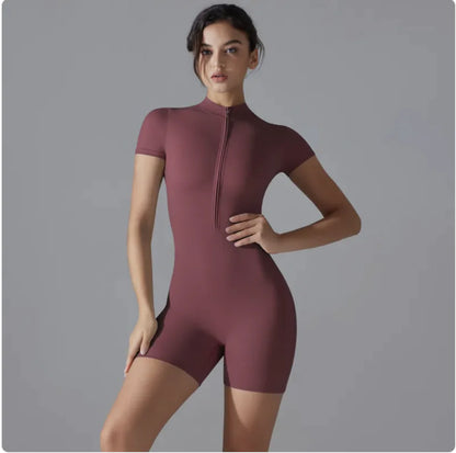 Women's Zipper Short-Sleeve Sports Jumpsuit