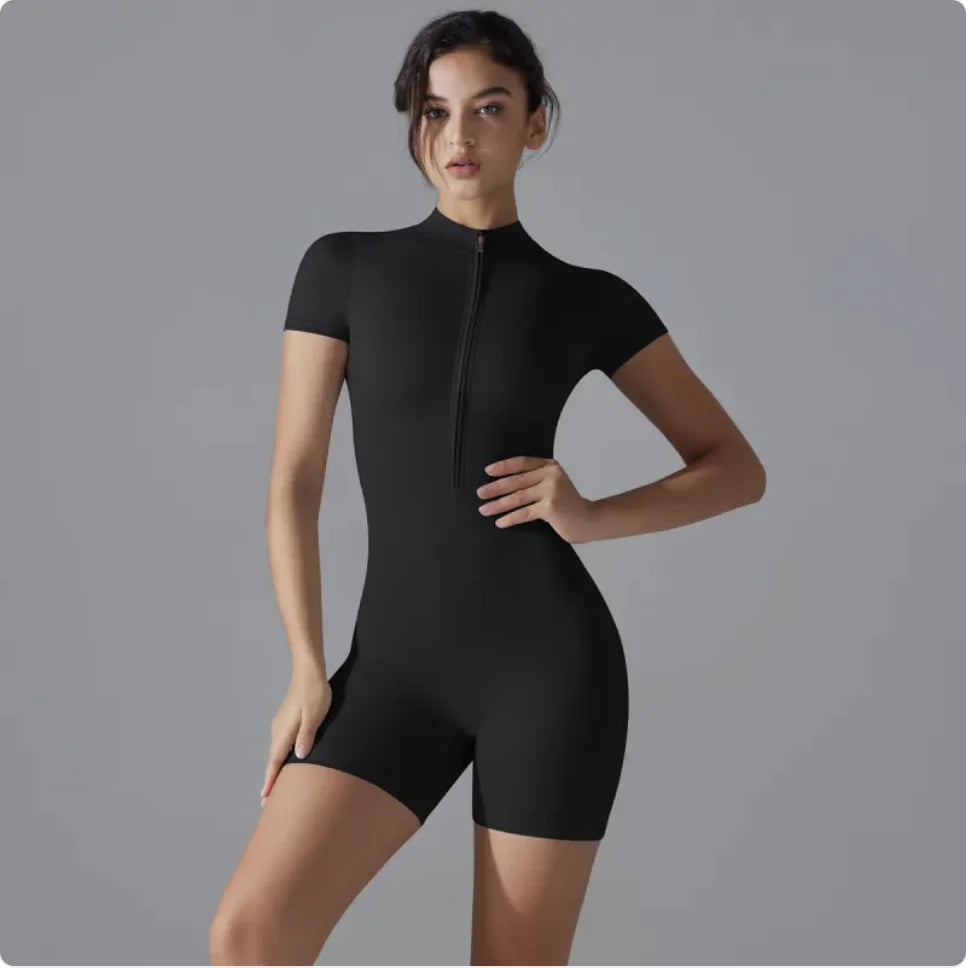 Women's Zipper Short-Sleeve Sports Jumpsuit