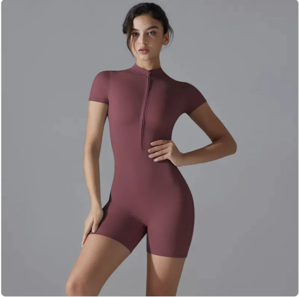 Women's Zipper Short-Sleeve Sports Jumpsuit